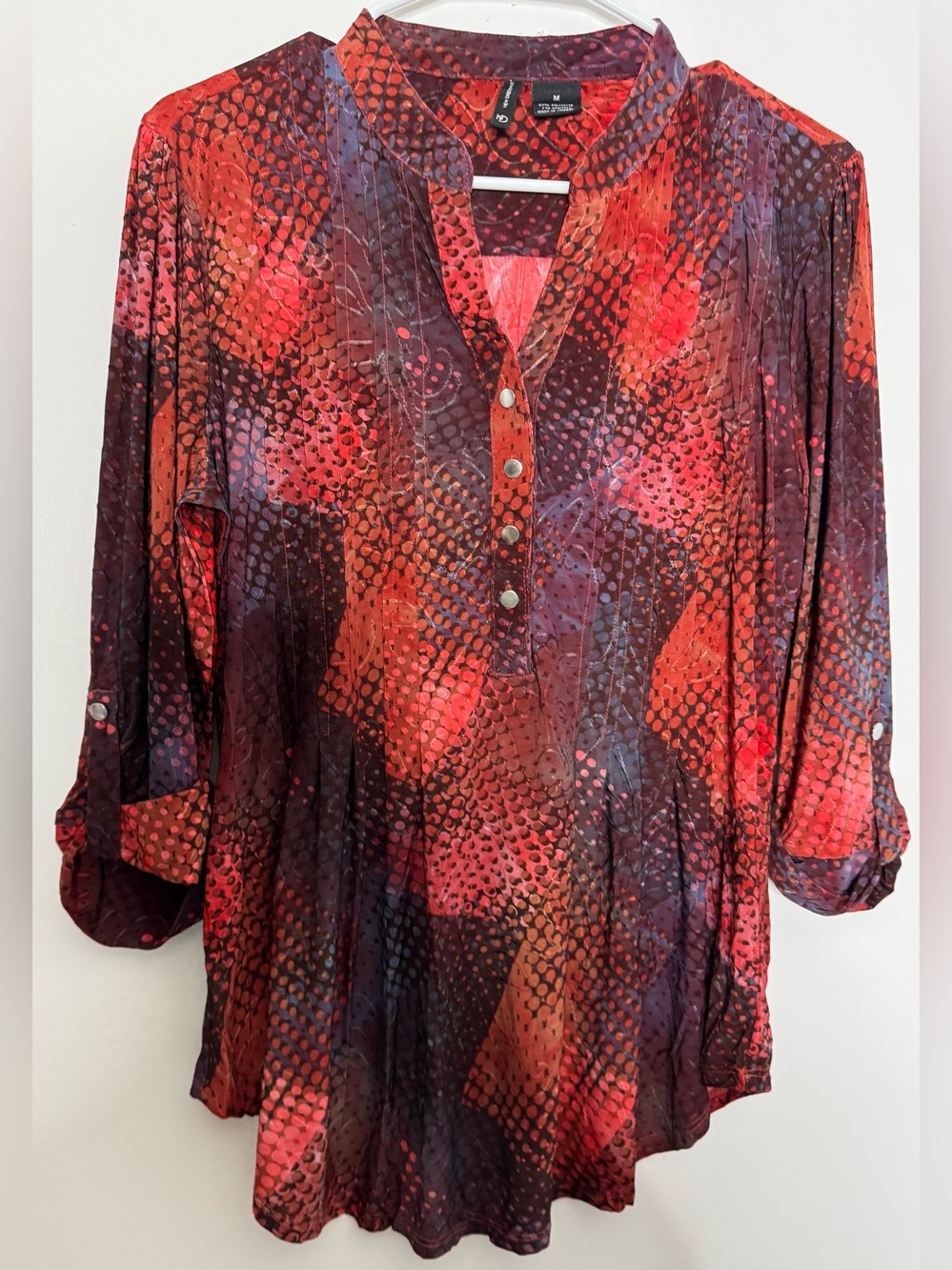 new directions Red and Burgundy Patterned Women's Tunic Top stretch comfy MD